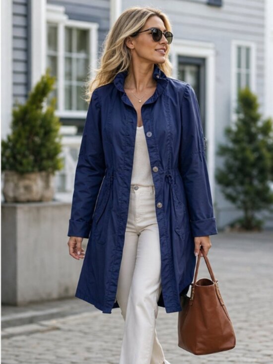 J MHS Jackets & Blazers - Navy Blue Ruffle Neck Bubble Hem Trench Coat Dress Jacket M